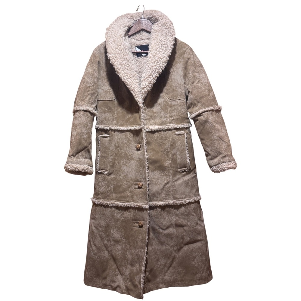 Vintage Wiman Faux Suede Shearling Long Coat Tan Western Boho Festival USA Sz 12